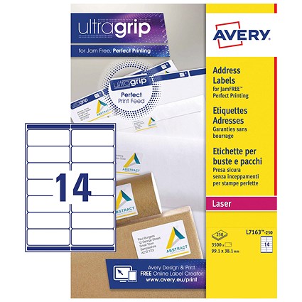 Avery L7163-250 Laser Labels, 14 Per Sheet, 99.1x38.1mm, White, 3500 Labels