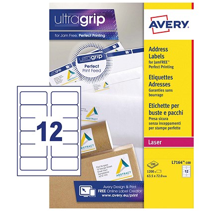 Avery L7164-100 Laser Labels, 12 Per Sheet, 63.5x72mm, White, 1200 Labels