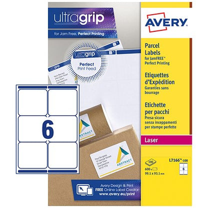 Avery L7166-100 Laser Labels, 6 Per Sheet, 99.1x93.1mm, White, 600 Labels