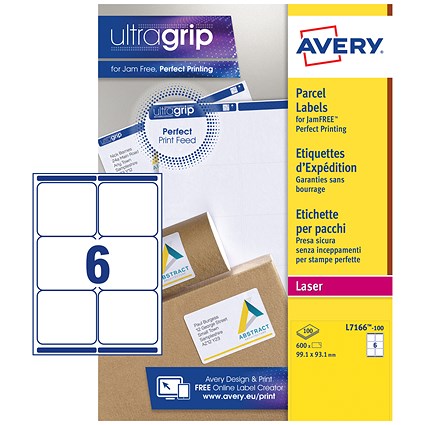 Avery L7166-100 Laser Labels, 6 Per Sheet, 99.1x93.1mm, White, 600 Labels