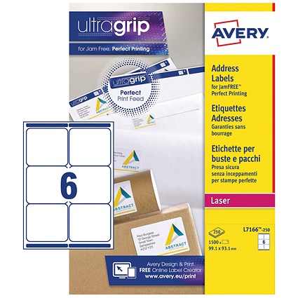 Avery L7166-250 Laser Labels, 6 Per Sheet, 99.1x93.1mm, White, 1500 Labels