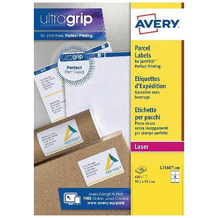 Avery L7166-100 Laser Labels, 6 Per Sheet, 99.1x93.1mm, White, 600 Labels