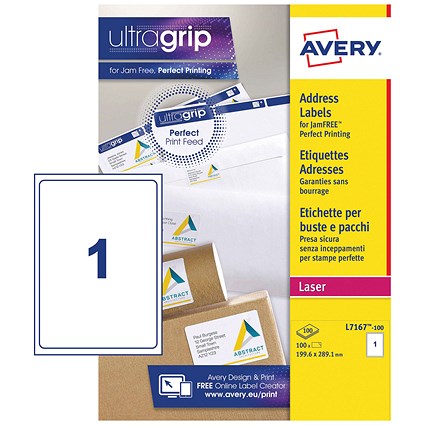 Avery L7167-100 Laser Labels, 1 Per Sheet, 199.6x289.1mm, White, 100 Labels