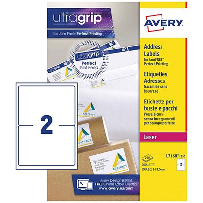 Avery L7168-250 Laser Labels, 2 Per Sheet, 199.6x143.5mm, White, 500 Labels