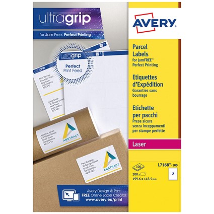 Avery L7168-100 Laser Labels, 2 Per Sheet, 199.6x143.5mm, White, 200 Labels
