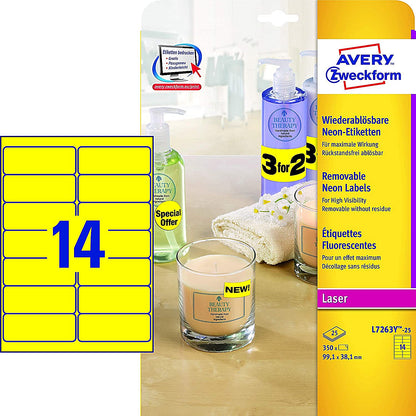 Avery L7263Y-25 Laser Label, 14 Per Sheet, 99.1x38.1mm, Neon Yellow, 350 Labels