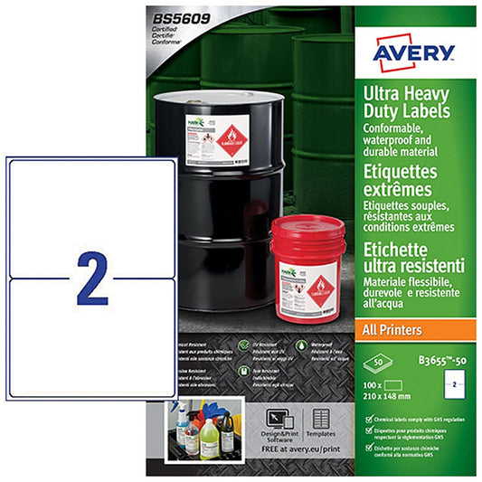 Avery Ultra Resistant Labels 148mm x 210mm Permanent 2 Labels per Sheet (Pack 100 Labels) B3655-50 Easy2Order : B3655-50
