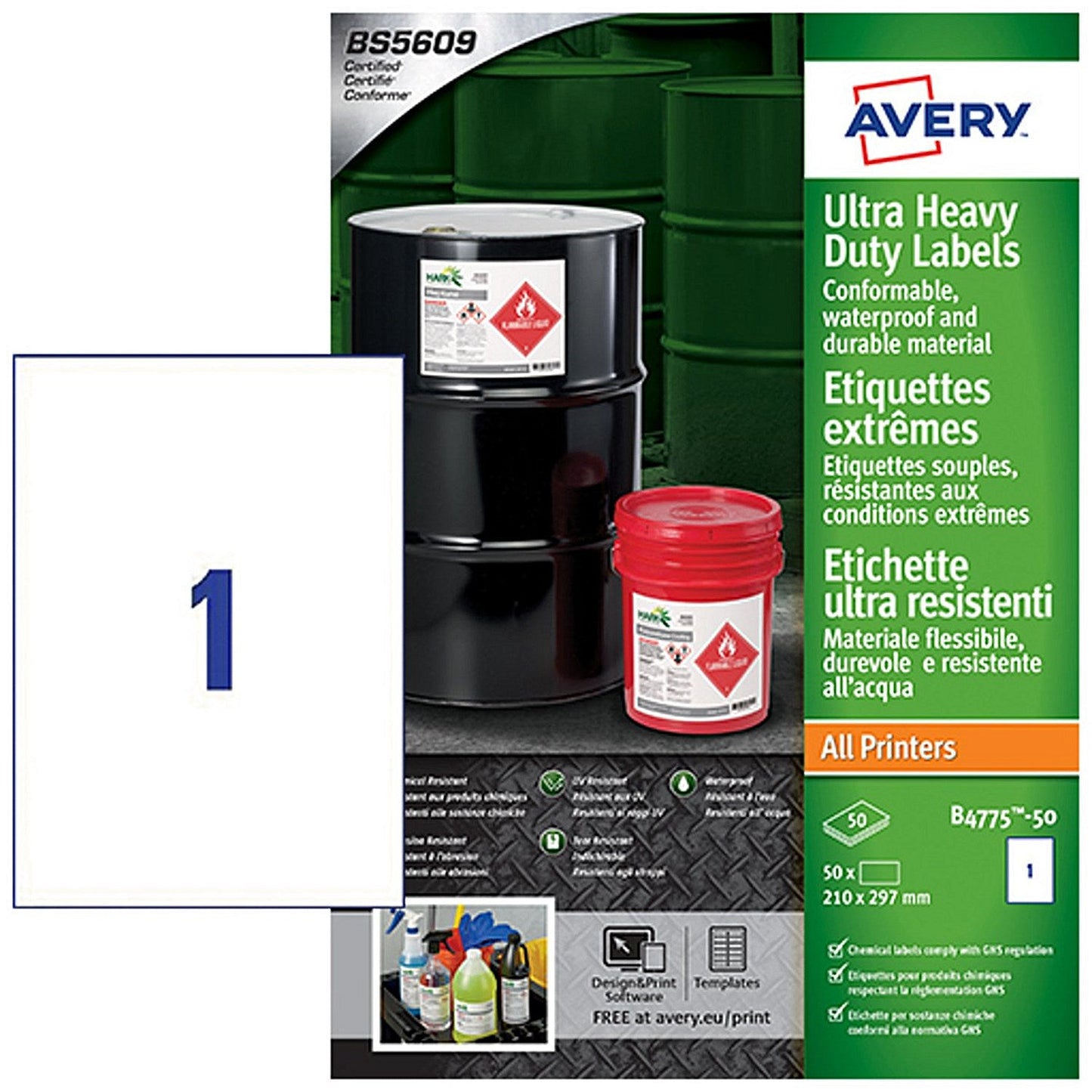 Avery Ultra Resistant Labels 210mm x 297mm Permanent 1 Label per Sheet (Pack 50 Labels) - B4775-50 Easy2Order : B4775-50