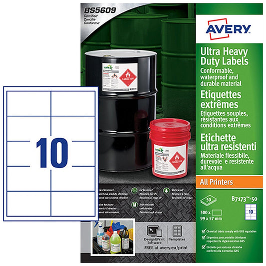 Avery Ultra Resistant Labels 57 x 99 mm Permanent 10 Labels Per Sheet 500 Labels Per Pack B7173-50 Easy2Order : B7173-50