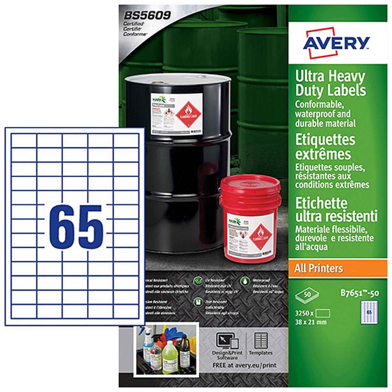 Avery Ultra Resistant Labels 38mm x 21mm Permanent 65 Labels per Sheet (Pack 3250 Labels) - B7651-50 Easy2Order : B7651-50