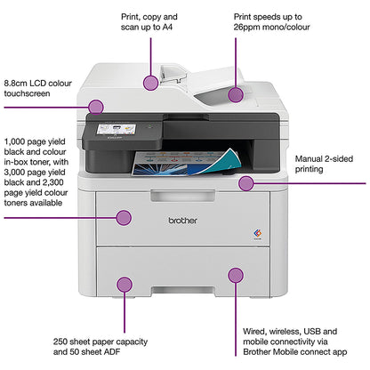 Brother DCP-L3560CDW A4 Wireless 3-In-1 Colour Laser Printer, White