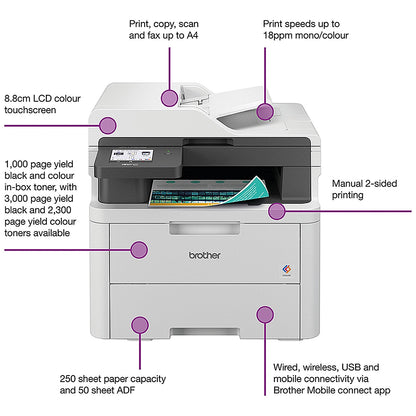 Brother MFC-L3740CDW A4 Wireless All-In-One Colour Laser Printer, White