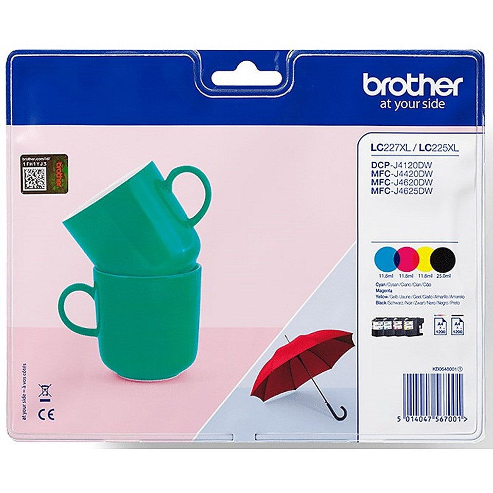 Brother LC227XLVALBP High Yield Inkjet Cartridge Value Pack - Black, Cyan, Magenta and Yellow (4 Cartridges)