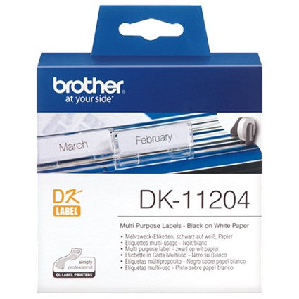 Brother DK-11204 Paper Label Tape, Black on White, 17mmx54mm, Pack of 400