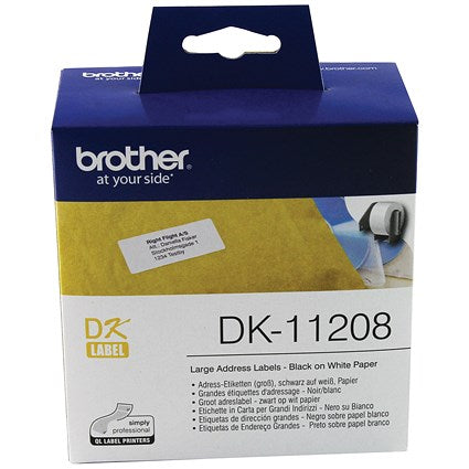 Brother DK-11208 Large Address Label, Black on White, 38x90mm, White, 400 Labels Per Roll
