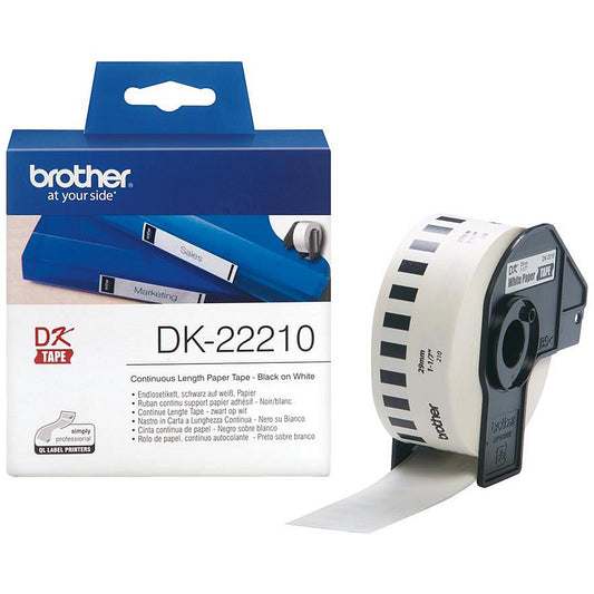 Brother DK-22210 Paper Label Tape, Black on White, 29mmx30.5m