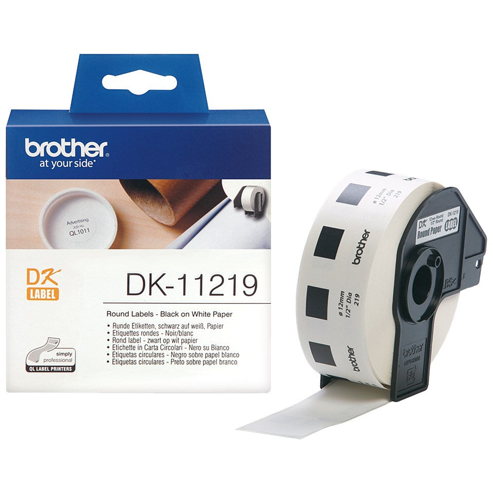 Brother DK-11219 Round Labels, Black on White, 12mm Diameter, 1200 Labels Per Roll