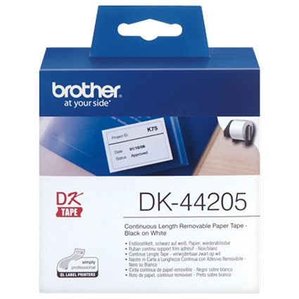 Brother DK-44205 Continuous Removable Paper Tape, Black on White, 62mmx30.48m