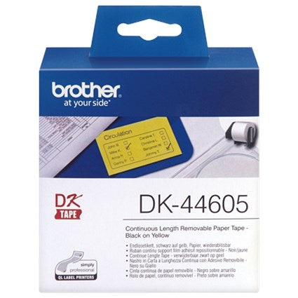 Brother DK-44605 Continuous Removable Paper Tape, Black on Yellow, 62mmx30.48m