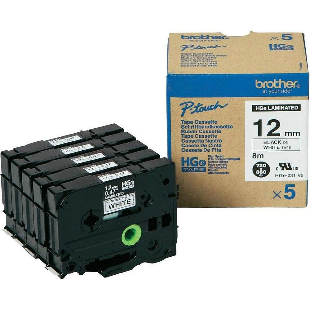Brother P-Touch HGE-231V5 Label Tape, Black on White, 12mmx8m, Pack of 5