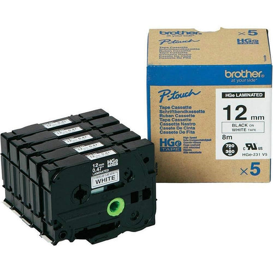 Brother P-Touch HGE-231V5 Label Tape, Black on White, 12mmx8m, Pack of 5
