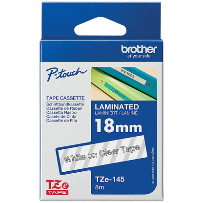Brother P-Touch Tze-145 Laminated Tape Cassette, White on Clear, 18mm x 8m
