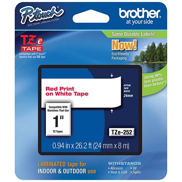 Brother P-Touch TZe-252 Label Tape, Red on White, 24mmx8m