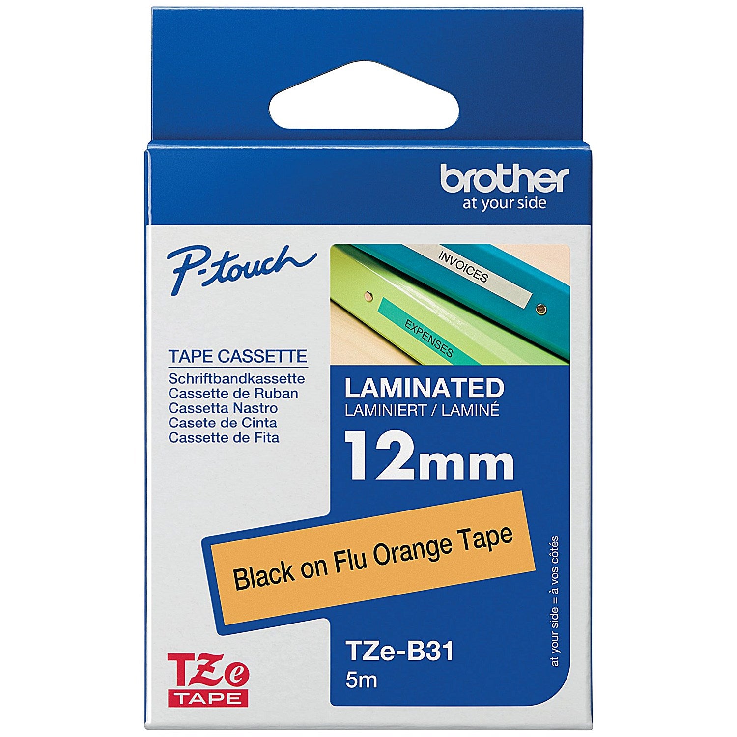 Brother P-Touch TZe-B31 Label Tape, Black on Orange, 12mmx8m