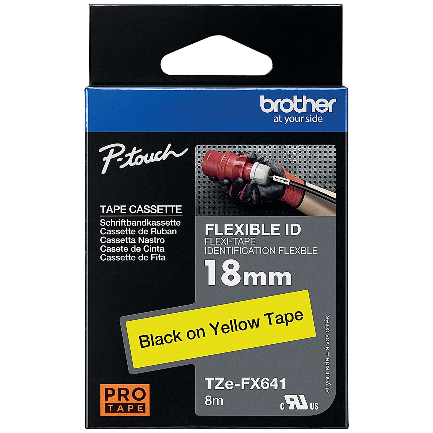 Brother P-Touch TZe-FX641 Flexible ID Label Tape, Black on Yellow, 18mmx8m
