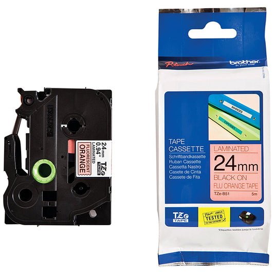 Brother P-Touch TZe-B51 Label Tape, Black on Orange, 24mmx5m
