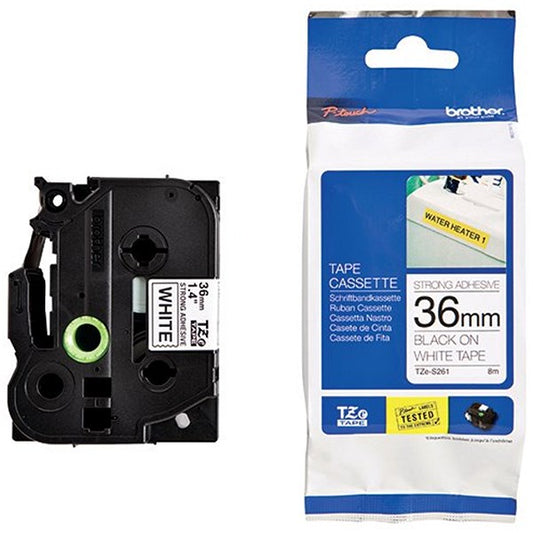 Brother P-Touch TZe-S261 Stong Adhesive Label Tape, Black on White, 36mmx8m