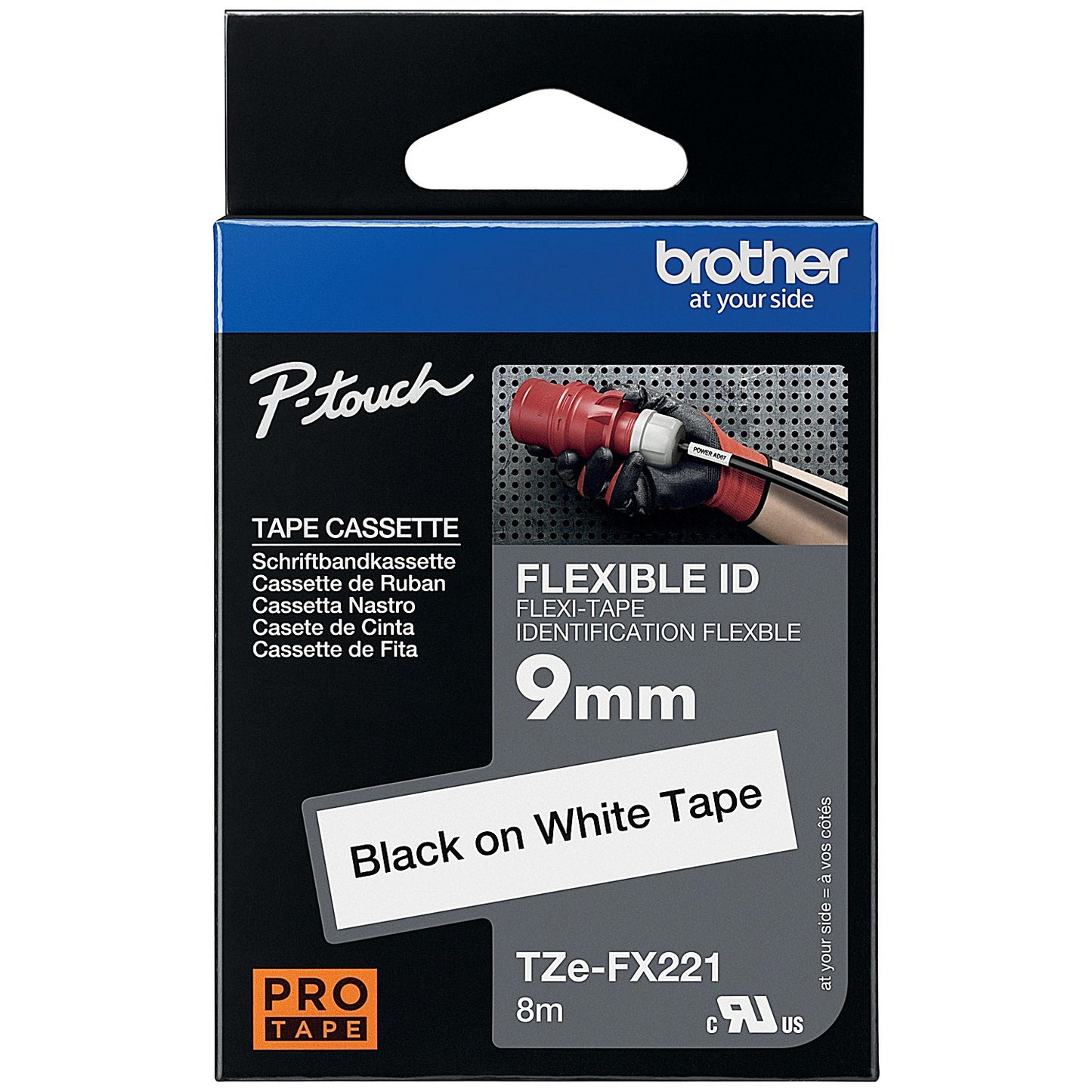 Brother P-Touch TZe-FX221 Flexible ID Label Tape, Black on White, 9mmx8m