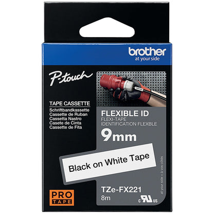 Brother P-Touch TZe-FX221 Flexible ID Label Tape, Black on White, 9mmx8m