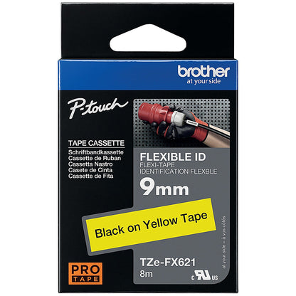 Brother P-Touch TZe-FX621 Flexible ID Label Tape, Black on Yellow, 9mmx8m