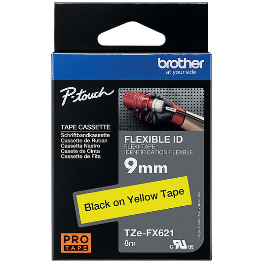 Brother P-Touch TZe-FX621 Flexible ID Label Tape, Black on Yellow, 9mmx8m