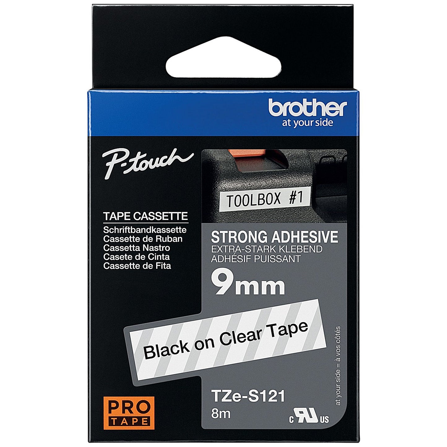 Brother P-Touch TZe-S121 Stong Adhesive Label Tape, Black on Clear, 9mmx8m