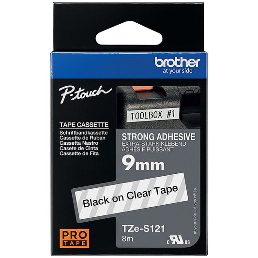 Brother P-Touch TZe-S121 Stong Adhesive Label Tape, Black on Clear, 9mmx8m