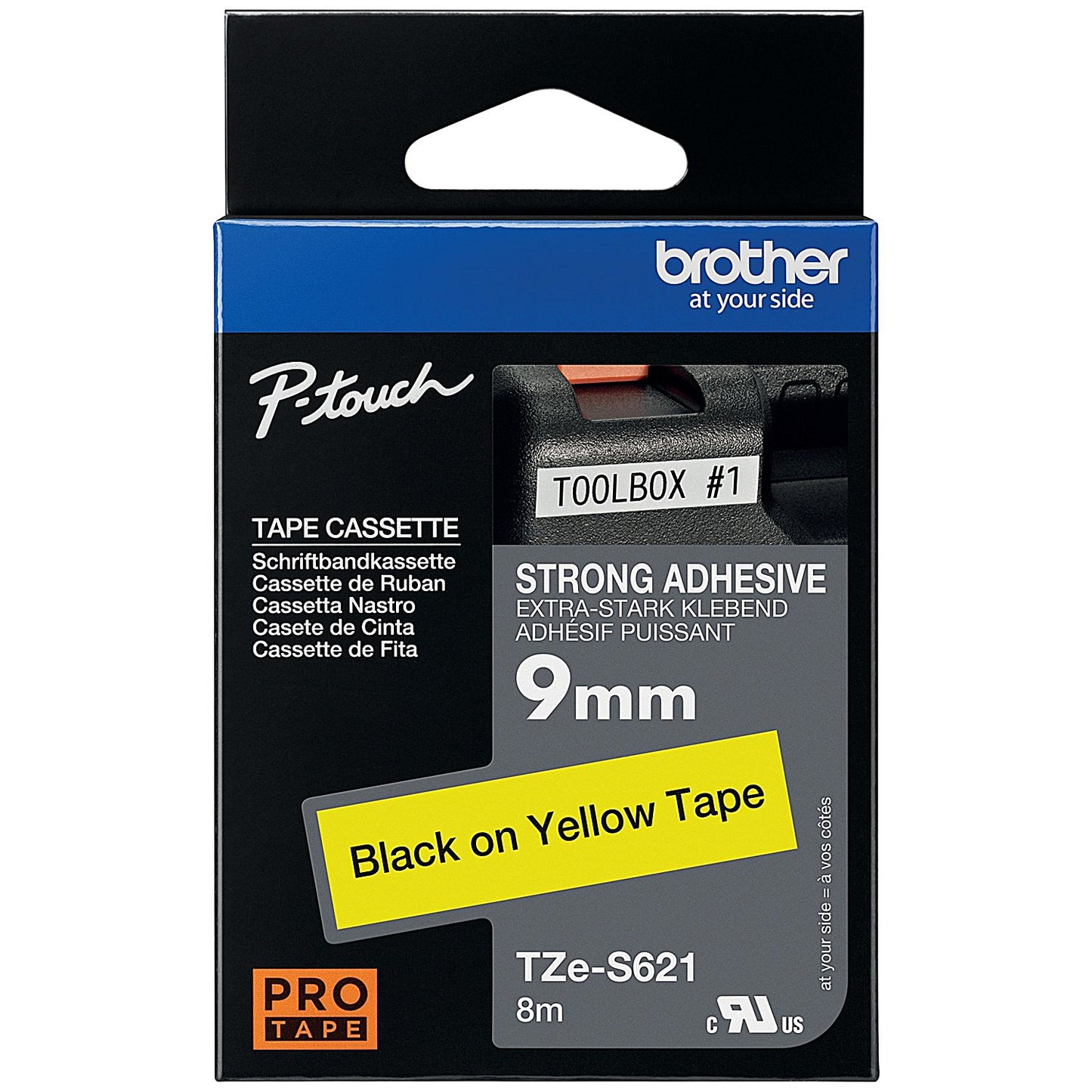 Brother P-Touch TZe-S621 Stromg Adhesive Labelling Tape, Black on Yellow, 9mmx8m