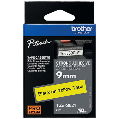 Brother P-Touch TZe-S621 Stromg Adhesive Labelling Tape, Black on Yellow, 9mmx8m
