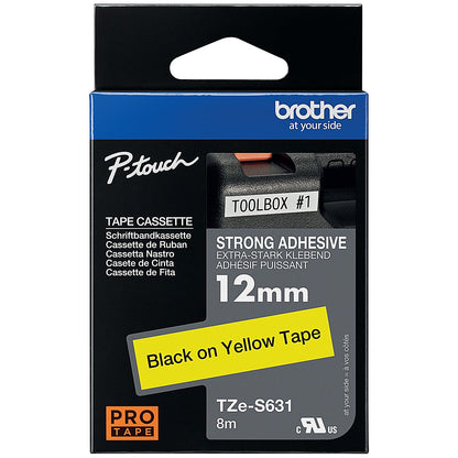 Brother P-Touch TZe-S631 Label Tape, Black on Yellow, 12mmx8m