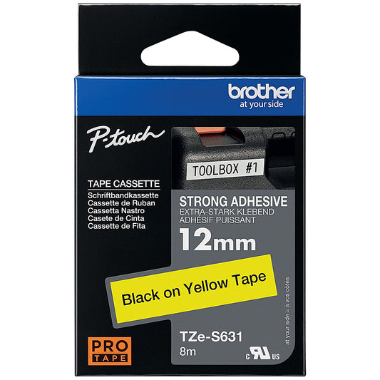 Brother P-Touch TZe-S631 Label Tape, Black on Yellow, 12mmx8m