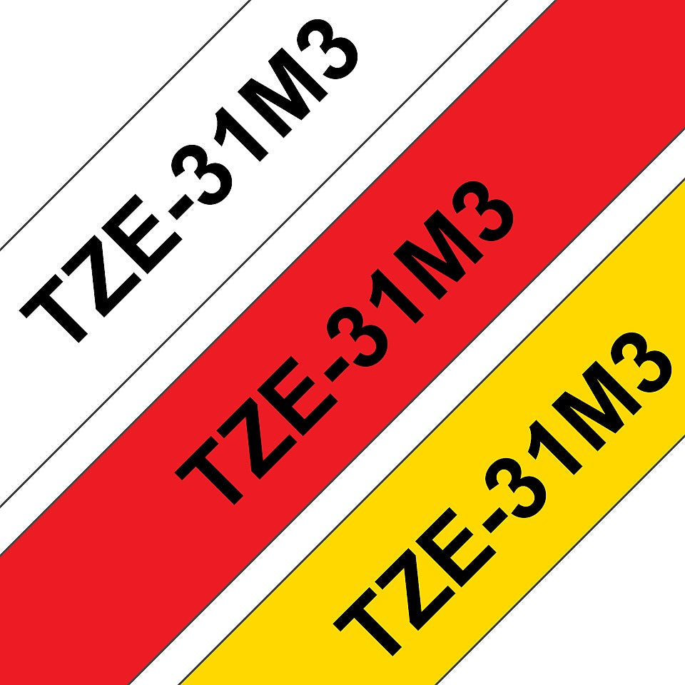 Brother P-Touch TZe-31M3 Multipack( TZe-431, TZe-631 and TZe-231) Label Tape, Black on Red, Black on Yellow and Black on White, 12mmx8m, Pack of 3