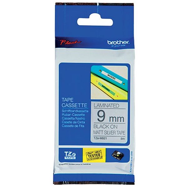 Brother P-Touch TZe-M921 Label Tape, Black on Silver, 9mmx8m