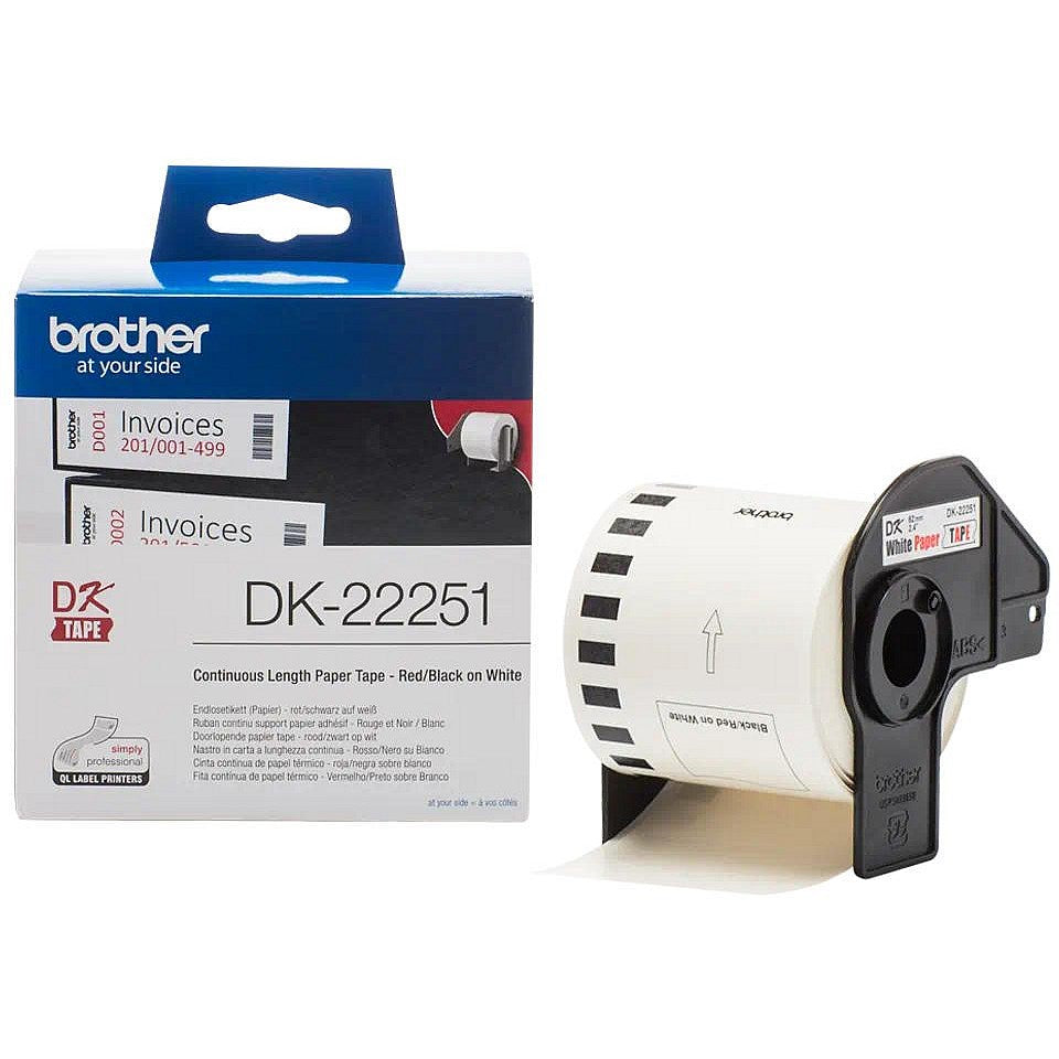 Brother DK-22251 Continuous Paper Tape, Black and Red on White, 62mmx15.24m