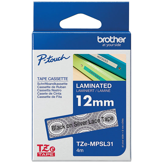 Brother P-Touch TZe-MPSL31 Label Tape, Black On Silver, 12mmx4m
