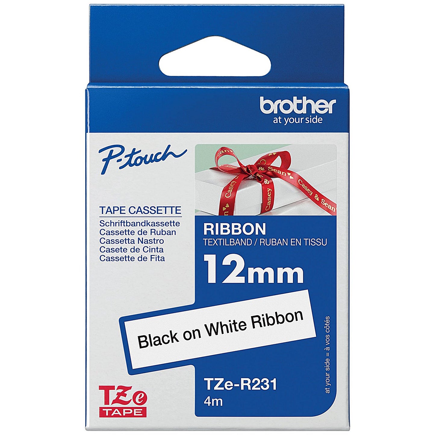 Brother P-Touch TZe-R231 Ribbon Label Tape, Black on White, 12mmx4m