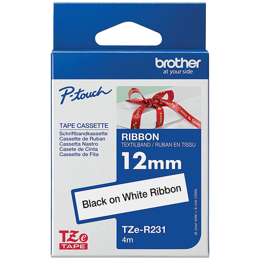 Brother P-Touch TZe-R231 Ribbon Label Tape, Black on White, 12mmx4m
