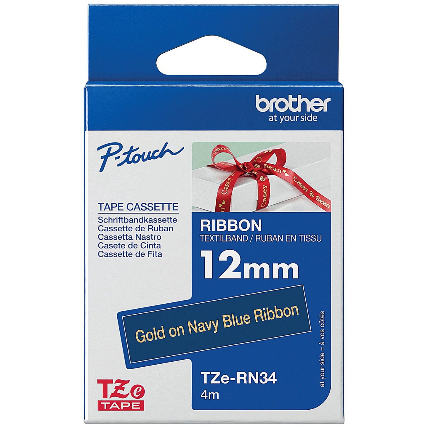 Brother P-Touch TZe-RN34 Ribbon Label Tape, Gold on Navy Blue, 12mmx4m