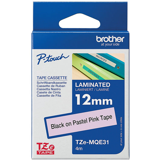 Brother P-Touch TZe-MQE31 Label Tape, Black on Pastel Pink, 12mmx4m