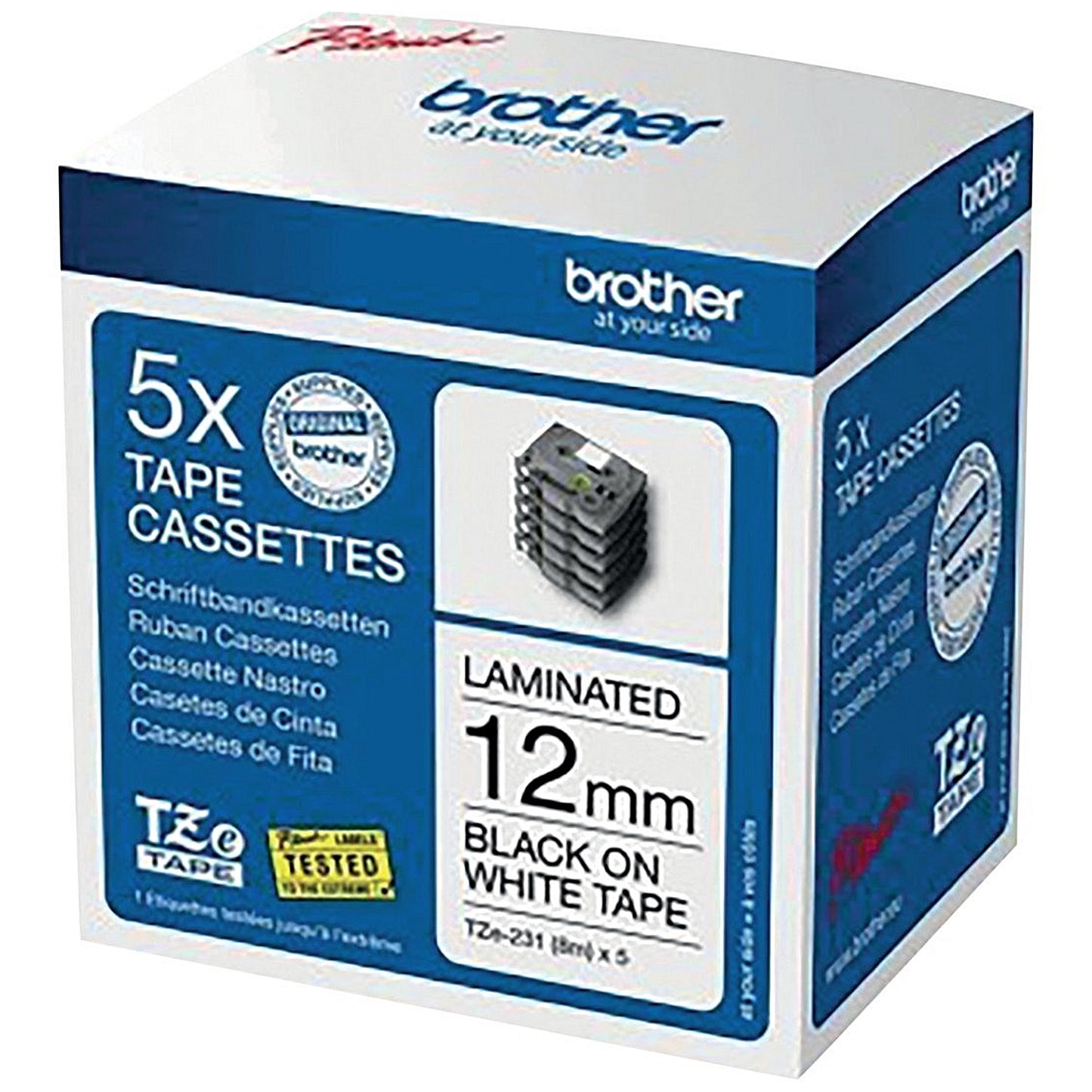 Brother P-Touch TZe-231M5 Label Tape, Black on White, 12mmx8m, Pack of 5